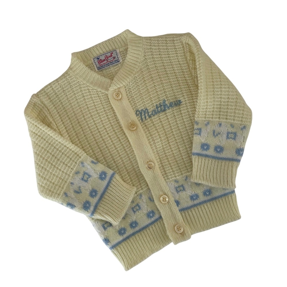 Blue Bird Vintage Baby Cardigan Yellow Orlon Knit Personalized Matthew Sweater